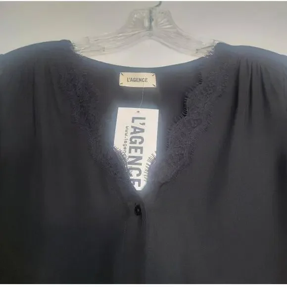 NWT L'Agence Black V-Neck Blouse Long Sleeve Lace Hi Low Hem XSmall